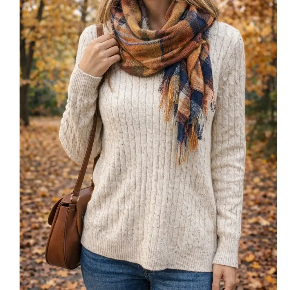 Karen Scott women's Large cream cable knit sweater L/S scoop neck casual top